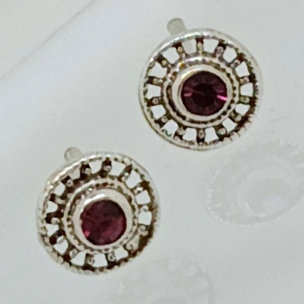 Vintage 925 Sterling Silver Crystal Sunburst‎ Round Stud Earrings Boho Sun Wheel